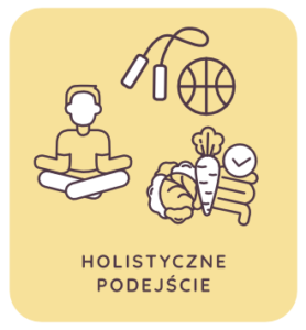 Piktogram przedstawiający człowieka w pozycji lotosu, otoczonego piłką, skakanką i warzywami, symbolizujący holistyczne podejście do zdrowia.