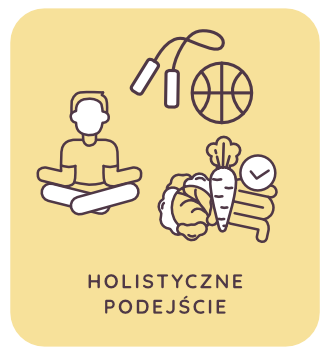 Piktogram przedstawiający człowieka w pozycji lotosu, otoczonego piłką, skakanką i warzywami, symbolizujący holistyczne podejście do zdrowia.