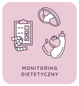 Piktogram z warzywami, mięsem, taśmą pomiarową i listą, reprezentujący koncepcję monitorowania diety.