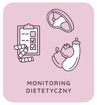 Piktogram z warzywami, mięsem, taśmą pomiarową i listą, reprezentujący koncepcję monitorowania diety.