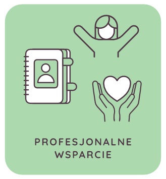Piktogram przedstawiający notatnik i ręce trzymające serce, symbolizujący profesjonalne wsparcie online dla kobiet.