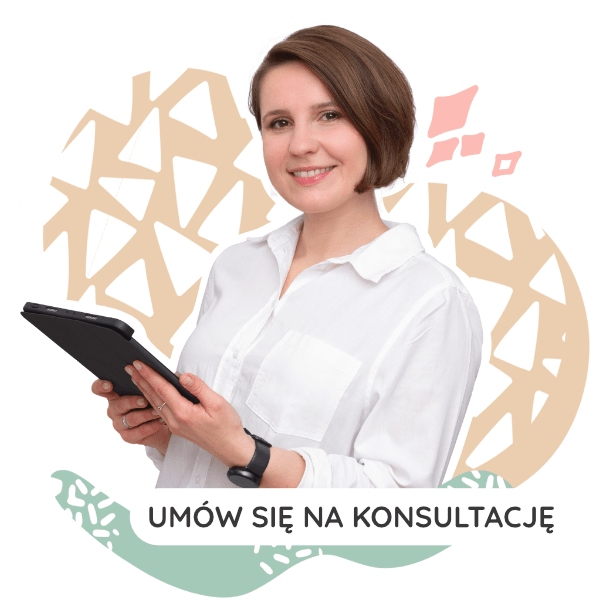Kobieta z tabletem, nawiązująca do wizyty u psychodietetyka, z symbolem serca w tle. Napis umów się na konsultację.